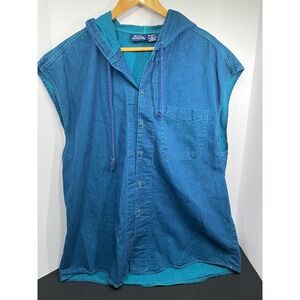 Bon Homme Mens XL Teal Blue Cotton Sleeveless Hooded Button Up Shirt RN 44472